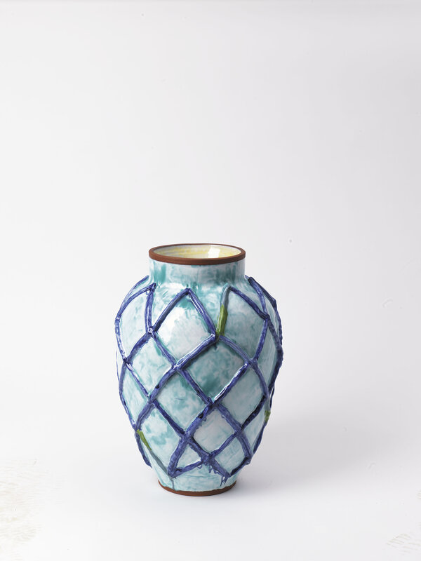 Judy Ledgerwood, ‘Large Raised Grid Vase with Celadon, Cobalt Blue, Green, Magrun + Yellow’, 2018, Sculpture, Majolika, Häusler Contemporary