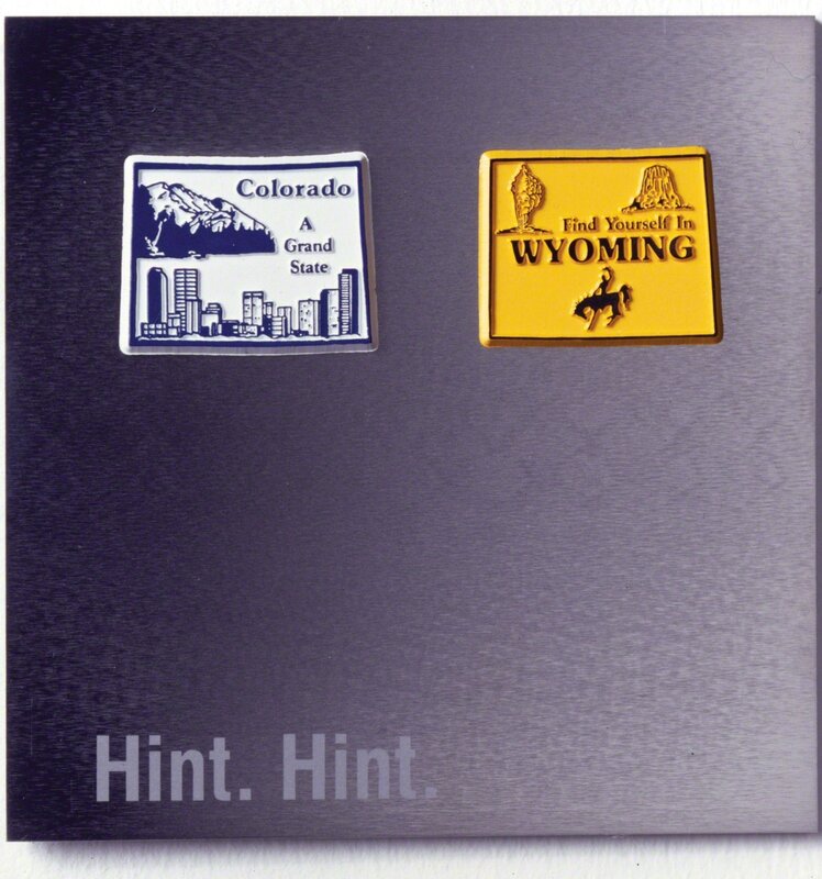 Haim Steinbach, ‘Hint. Hint.’, 1994, Mixed Media, Plastic magnets of US-States
Manufacturers: Magnetic Collectibles & Co., USA
Stainless steel plate 16 x 16 cm
Sandblasted words
Handmade plate and box, Helga Maria Klosterfelde Edition