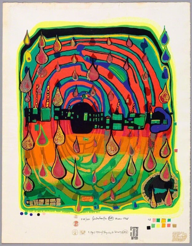 Friedensreich Hundertwasser, ‘Sad not so sad is rainshine from rainday on a rainy day’, 1970, Print, Colour silkscreen with metal embossing, Koller Auctions