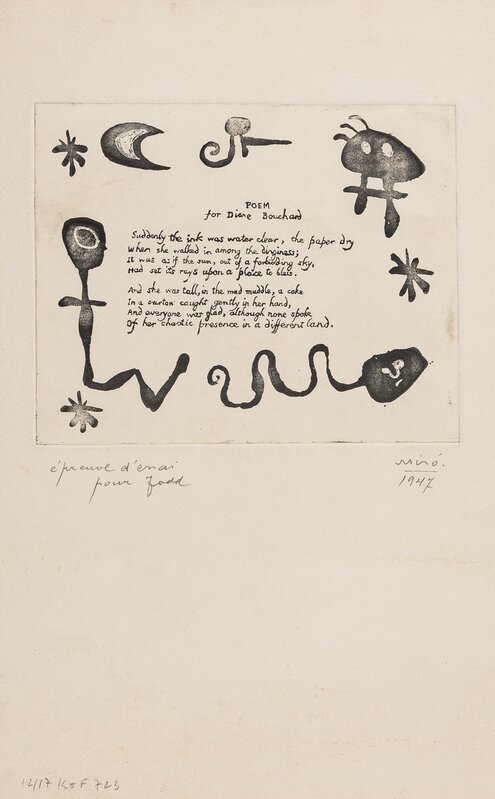 Joan Miró, ‘A Poem for Diane Bouchard (See Duthuit Vol. 1 p.16-17)’, 1947, Print, The rare soft-ground etching with engraving, Forum Auctions