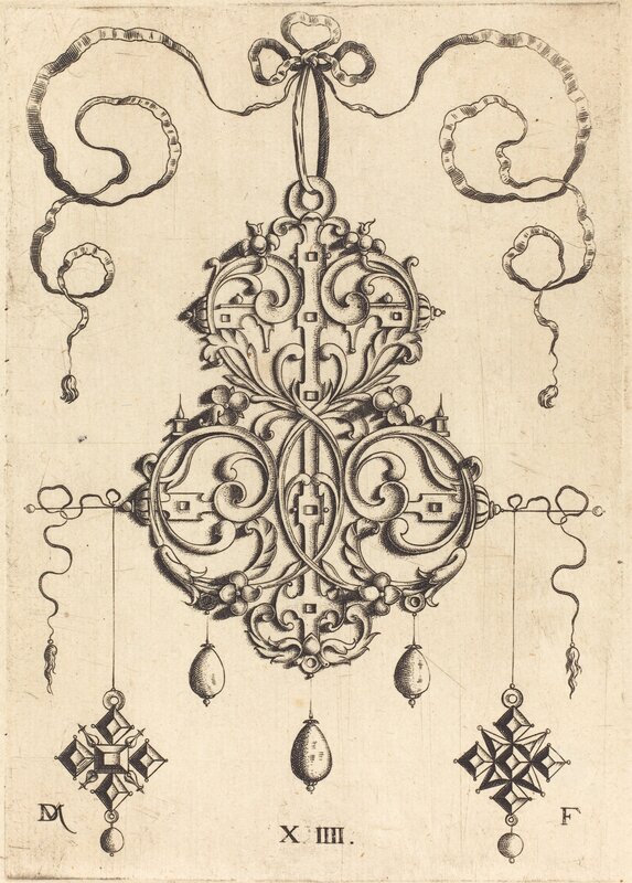 Daniel Mignot, ‘Strapwork Pendant with Three Drops and Two Cross-Shaped Pendants as Earrings at Left and Right’, Print, Engraving, National Gallery of Art, Washington, D.C.