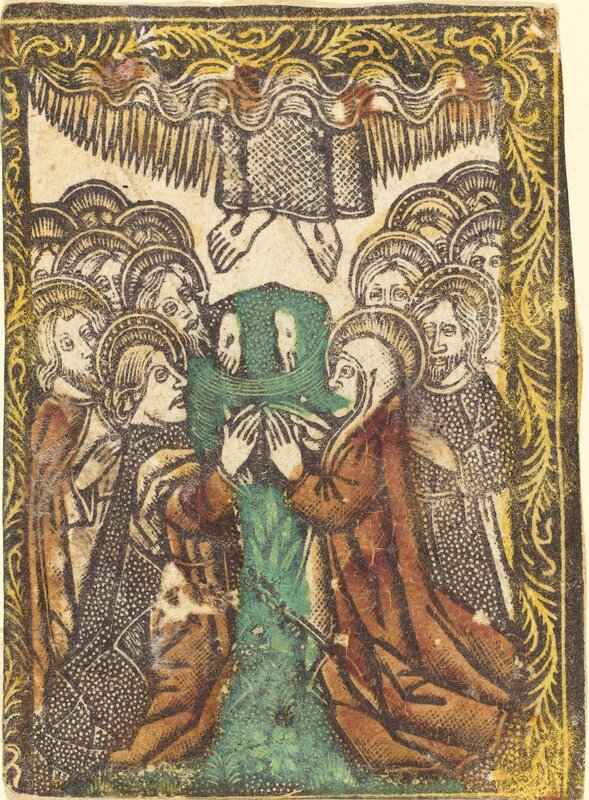 Workshop of Master of the Borders with the Four Fathers of the Church, ‘The Ascension’, 1460/1480, Print, Metalcut, hand-colored in yellow, red-brown lake, and green, National Gallery of Art, Washington, D.C.