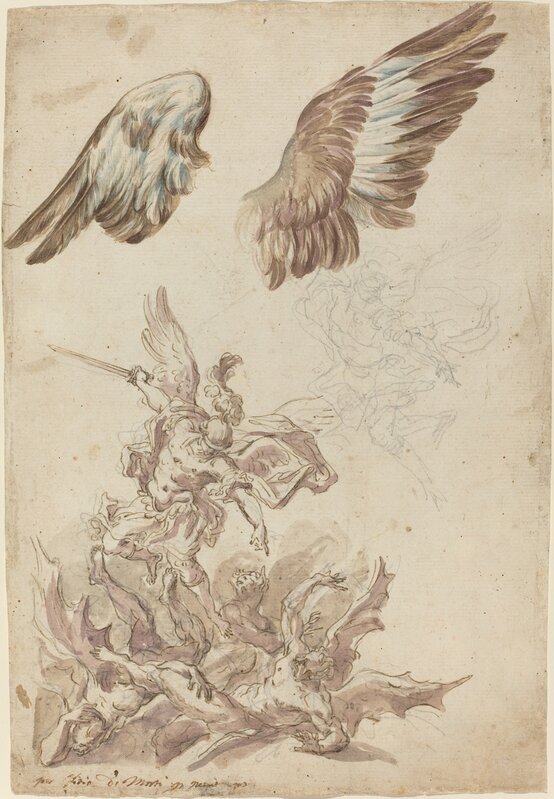 Nicolò Ricciolini, ‘Studies for Saint Michael Defeating the Rebel Angels’, Drawing, Collage or other Work on Paper, Pen and brown ink over black chalk with brown, blue, and purple wash on laid paper, National Gallery of Art, Washington, D.C.