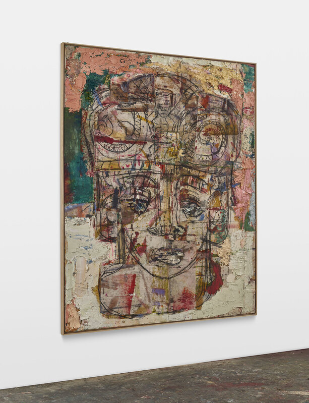 Daniel Crews-Chubb, ‘Head (Serpents and drummer, pink, green, yellow)’, 2020, Painting, Oil, oil stick, pastel, acrylic, ink, charcoal, spray paint, coarse pumice gel and collaged fabrics on canvas in artist’s frame, Timothy Taylor