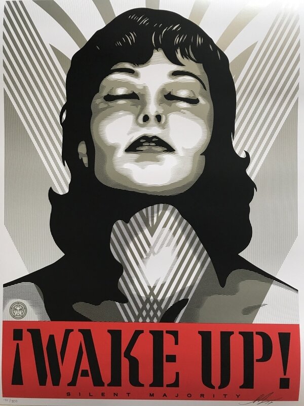 Shepard Fairey, ‘Wake Up! - White’, 2017, Print, Black, red, and silver screen-print on Speckletone white paper, Blackline Gallery