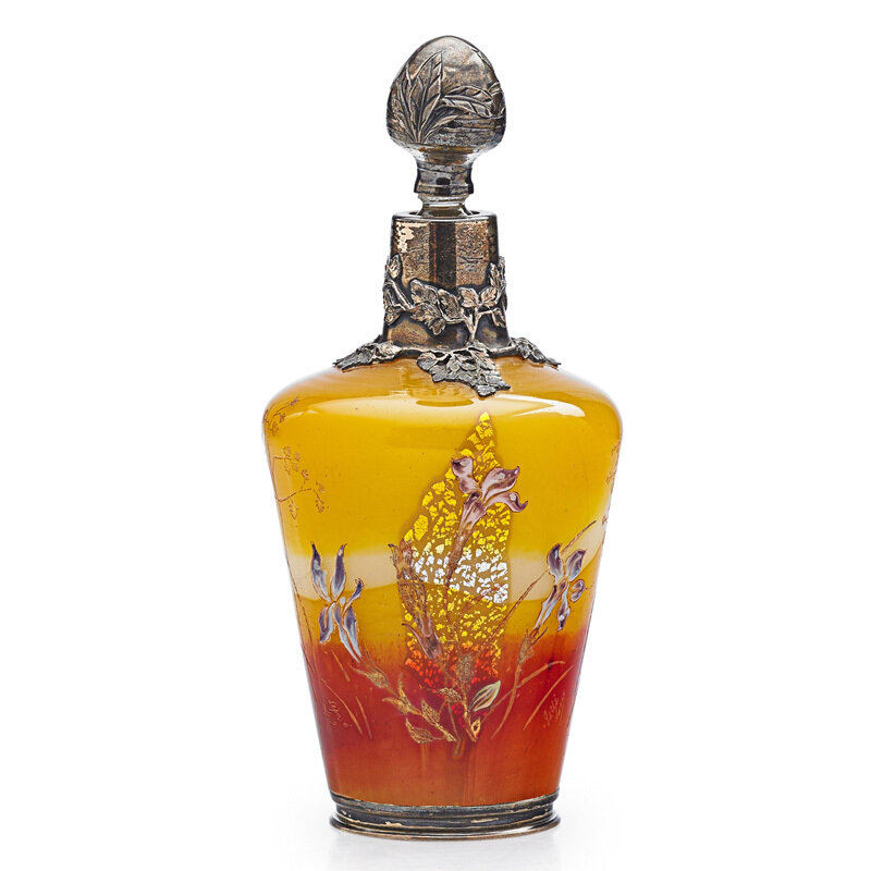 Galle, ‘Early bottle with irises and decorated overlay and stopper, France’, late 19th C., Design/Decorative Art, Acid-etched and enameled internally decorated glass, foil inclusions, silver, Rago/Wright/LAMA/Toomey & Co.