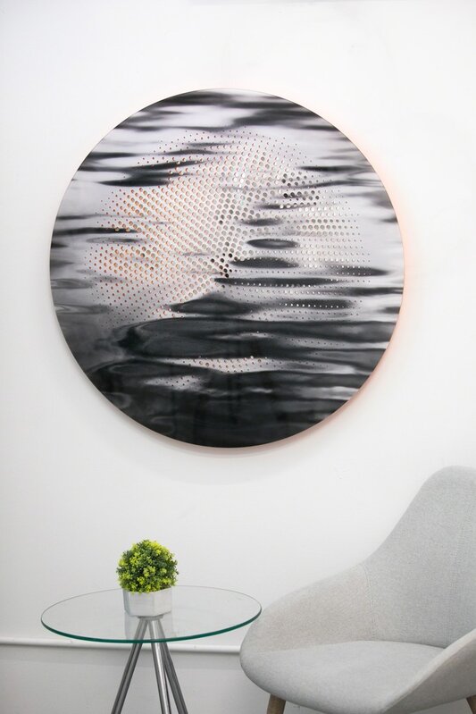 Ryan van der Hout, ‘Ripple 1/10 - reflective tondo, black, white orange, photography, wall relief’, 2018, Photography, Laser Cut Facemounted C-Print With Mirror, Oeno Gallery