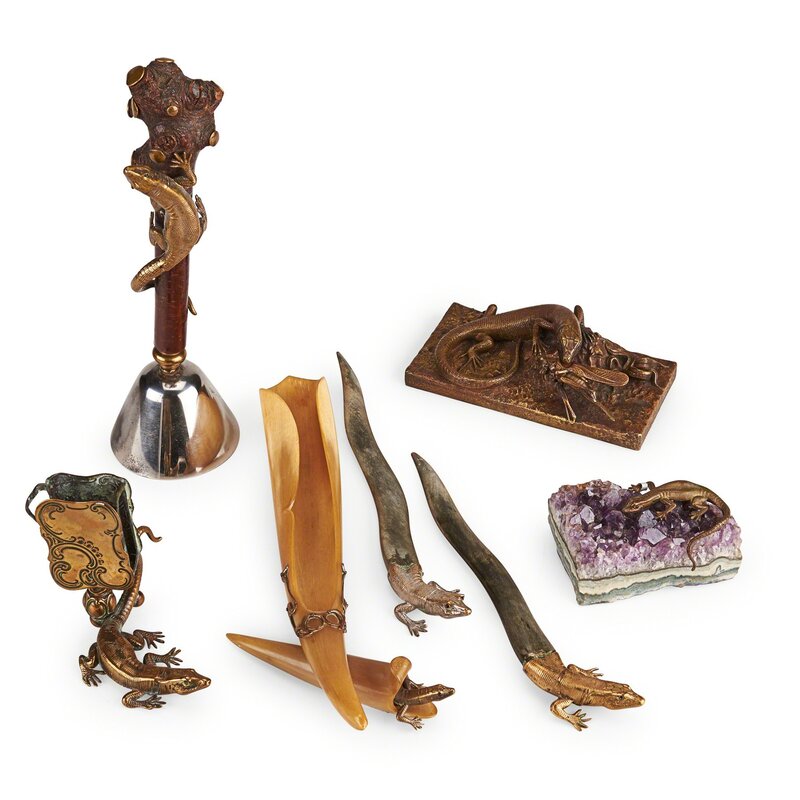 ‘Seven Lizard Themed Desk Items’, ca. 1880, Design/Decorative Art, Two bronze lizard paperweights, one with grasshopper and one mounted on rock amethyst, a horn pencil holder, a desk bell with lizard climbing up tree-form handle, two letter openers and a bronze lizard match holder (cast from shed skin) with glass eyes, England, Rago/Wright/LAMA/Toomey & Co.