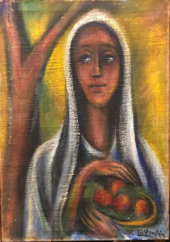 Isaac Lichtenstein, ‘Rare Oil Painting Woman with Fruit Bezalel School Jerusalem Israeli Judaica’, Early 20th Century, Painting, Jute, Oil Paint, Lions Gallery