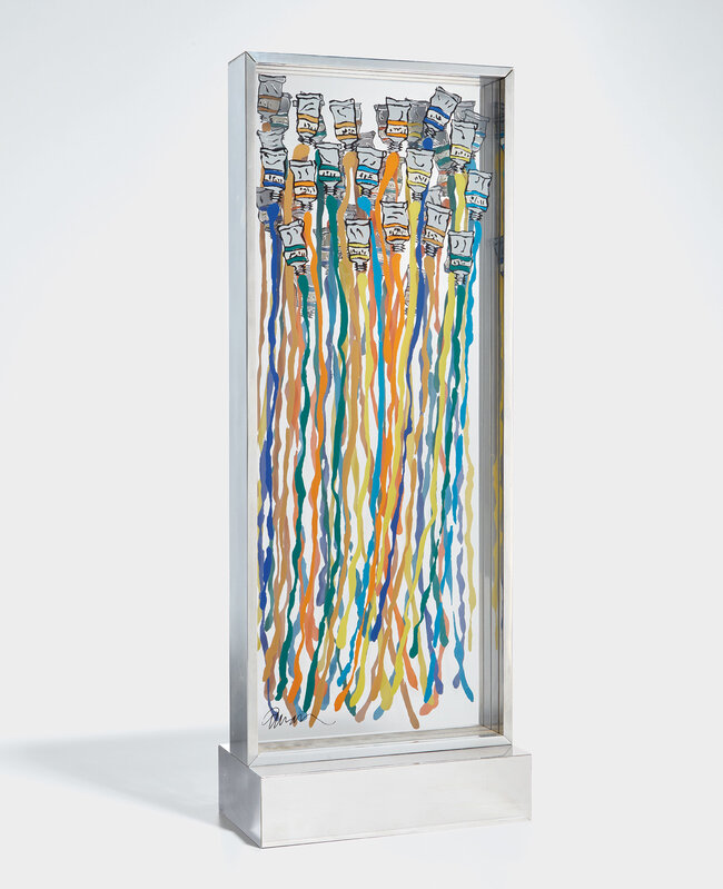 Arman, ‘Harpe de couleurs (Harp of Colors)’, 1975, Print, Screenprint in colors on three sheets of Plexiglas, all framed together with standing base., Phillips