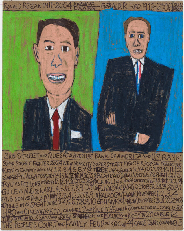 Daniel Green, ‘RIP Ronald Regan 1911-2004 and Gerald R. Ford 1913-2006 President is Dead’, 2019, Drawing, Collage or other Work on Paper, Mixed media on chipboard, Creativity Explored