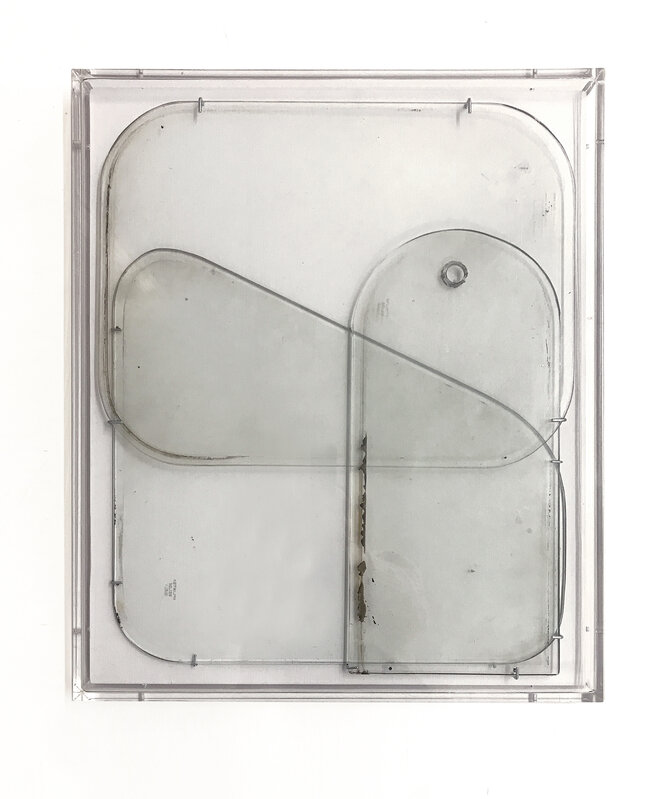 Anneke Eussen, ‘Mapping value 02’, 2019, Sculpture, 3 car windows stained by time set in a new composition material: glass, metal hooks, mounted on a wooden plate, plexiglass frame., Tatjana Pieters