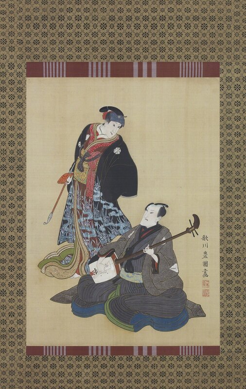Utagawa Toyokuni I, ‘Bando Mitsugoro III and Iwai Hanshiro V Rehearsing in the Green Room’, circa 1810-15, Painting, Hanging scroll: ink, color, and gold pigment on silk, Sebastian Izzard LLC Asian Art
