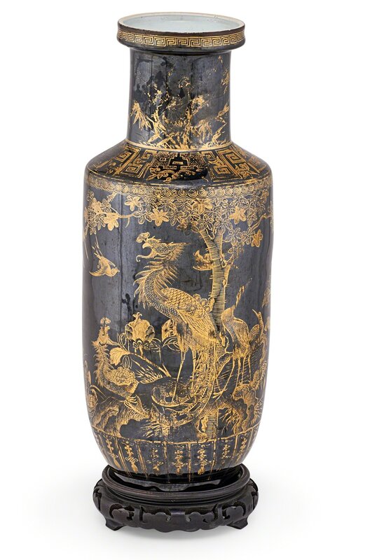 ‘Chinese Black Glazed Porcelain Rouleau Vase’, 19th c., Design/Decorative Art, Gilt-decorated with prominent peacock and other birds, along with trees and flora, China, Rago/Wright/LAMA/Toomey & Co.