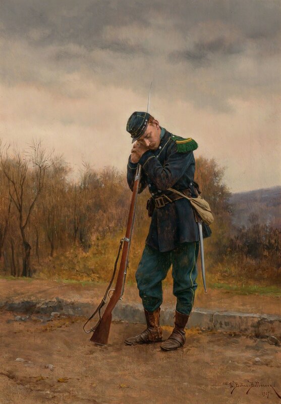 Etienne Prosper Berne-Bellecour, ‘Dozing on Sentry Duty’, 1907, Painting, Oil on panel, Doyle