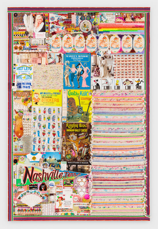 Kelly Adelia, ‘My White Album’, 2017, Mixed Media, Crocheted yarn, vintage commercial trim, patches, beads, charms, metal, plastic, postcards, pushpins, wood, crystals, tarot card, buttons, concert ticket, feathers, pennants, business card, toys, dollhouse furniture, coins, key chains, mini license plates, paper dolls, discs, photos, stickers, books, bookmark, paper, African beads, mini t-shirt, tickets, pamphlets, plastic fan, dominoes, plastic comb, earrings, linen thread, on stretched canvas, VSOP Projects