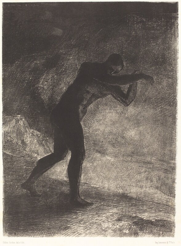 Odilon Redon, ‘Et l'homme parut, interrogeant le sol d'ou  il sort et qui l'attire, il se fraya la voie vers (And Man appeared; questioning theearth from which he emerged and which attracts hi m, he made his way toward somber brightness)’, 1883, Print, Lithograph, National Gallery of Art, Washington, D.C.