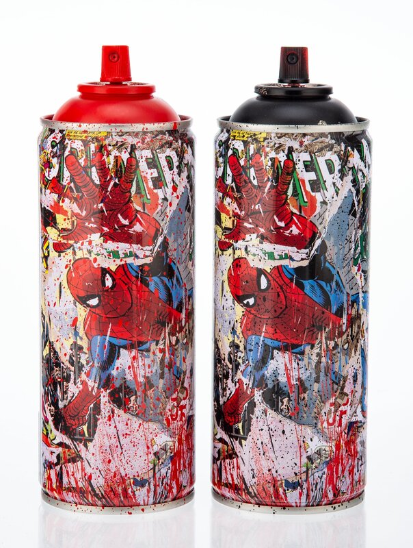 Mr. Brainwash, ‘Spider-Man (two works)’, 2019, Ephemera or Merchandise, Offset lithographs in colors with hand-embellishments on steel cans, Heritage Auctions