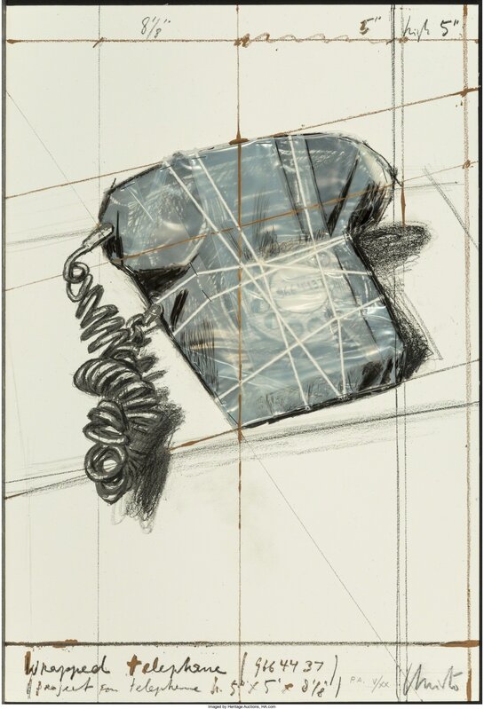 Christo, ‘Wrapped Telephone, Project, from 12 Years of Galeria Joan Prats’, 1988, Print, Lithograph with collage of transparent polyethylene, twine, and staples, with hand-colouring in grease pencil and paint, on Guarro paper mounted to board, Heritage Auctions