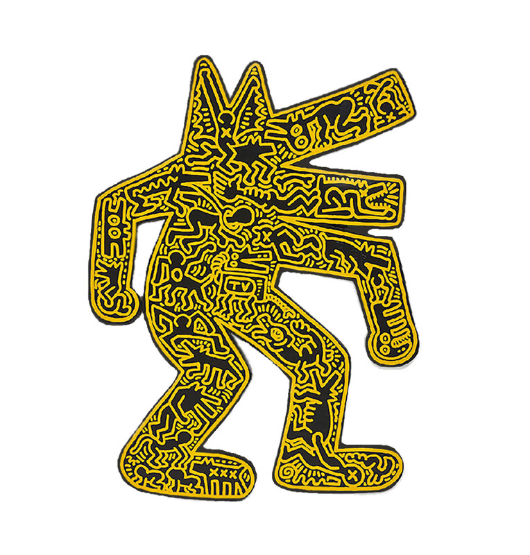 Keith Haring, ‘Dog’, 1986, Painting, Unique screenprint in yellow on black enamel painted plywood, Rosenfeld Gallery LLC