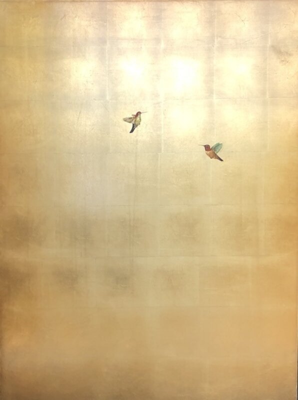 Carolyn Reynolds, ‘Two Hummingbirds Over Bright Gold’, 2019, Painting, Oil and Gold Leaf on Canvas, Dawson Cole Fine Art
