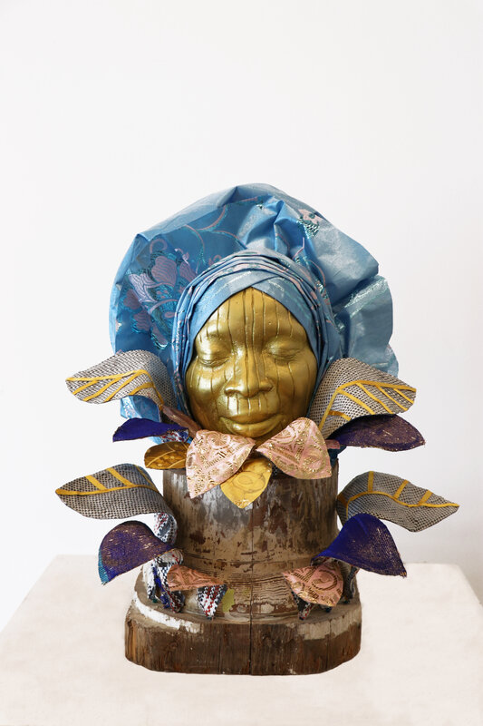 Layo Bright, ‘Aso Ebi: A Blue Affair’, 2021, Sculpture, Gele, Ghana-must-go bag, aqua resin, gold paint, wire, wood, Superposition