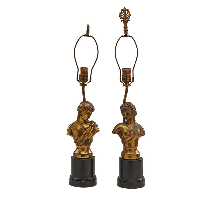Kupur, ‘Pair of Art Deco table lamps with male and female classical busts’, Design/Decorative Art, Brass, lacquered wood, Rago/Wright/LAMA/Toomey & Co.
