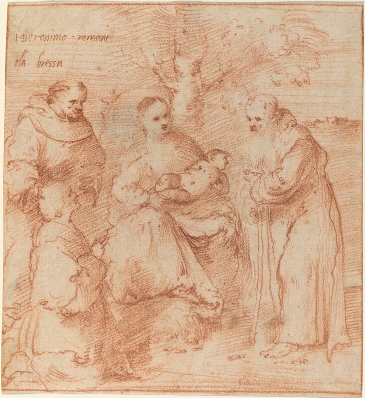 Girolamo Romanino, ‘The Madonna and Child with Saint Anthony Abbot and Saint Francis Introducing a Patron’, ca. 1517, Drawing, Collage or other Work on Paper, Red chalk (wetted for counterproofing) on laid paper; laid down, National Gallery of Art, Washington, D.C.