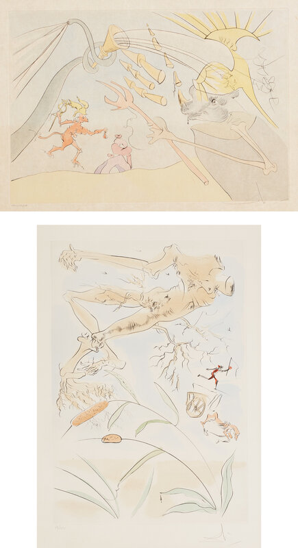 Salvador Dalí, ‘The Elephant and Jupiter's Monkey; and The Oak and the Reed, from La Bestiaire de la Fontaine Dalinesé (La Fontaine's Bestiary Dalinized)’, 1974, Print, Two drypoints with pochoir in colors, on Japan and Arches paper, with full margins., Phillips