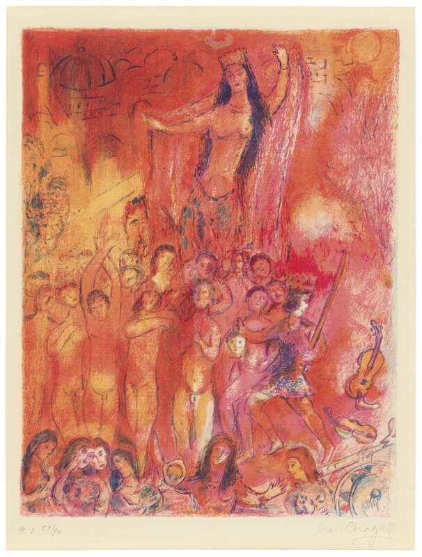 Marc Chagall, ‘They were in forty pairs, thus numbering fourscore and their midst a young lady, riding on a horse, her face unveiled... , Plate 2 from Four Tales from Arabian Nights’, 1948, Print, Lithograph in colors, on laid paper, Christie's