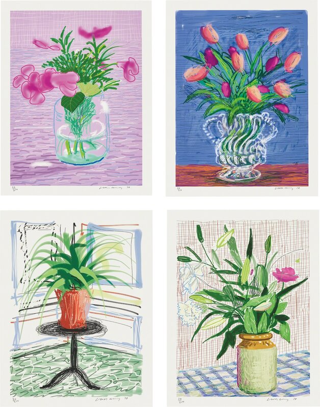David Hockney, ‘A Bigger Book: Art Editions A, B, C, and D’, 2010/2016, Print, Four iPad drawings in colours, printed on archival paper, with full margins, each with the original blue fabric-covered portfolio, Phillips