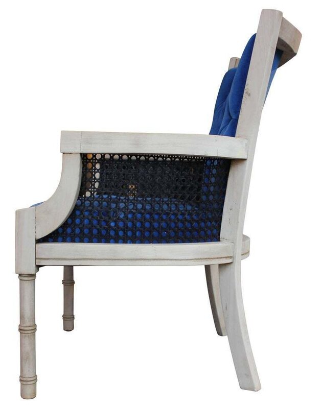 Baker Furniture Co., ‘Modern French Tufted Blue Velvet Bleached Lounge Chair with Cane Sides’, ca. 1960, Design/Decorative Art, Cane and velvet, Reeves Art + Design