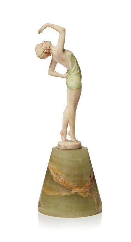 Ferdinand Preiss, ‘‘Girl in a green bathing suit’, a carved ivory figure’, c. 1930, Design/Decorative Art, Carved as young woman adopting a stylish pose, cold-painted colour to her costume, on onyx base, Roseberys