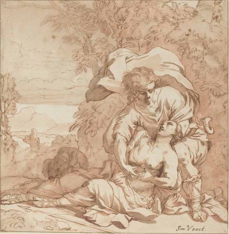 Studio of Simon Vouet, ‘Procris and Cephalus (?)’, Drawing, Collage or other Work on Paper, Pen and brown ink with brown wash over red chalk on laid paper, National Gallery of Art, Washington, D.C.