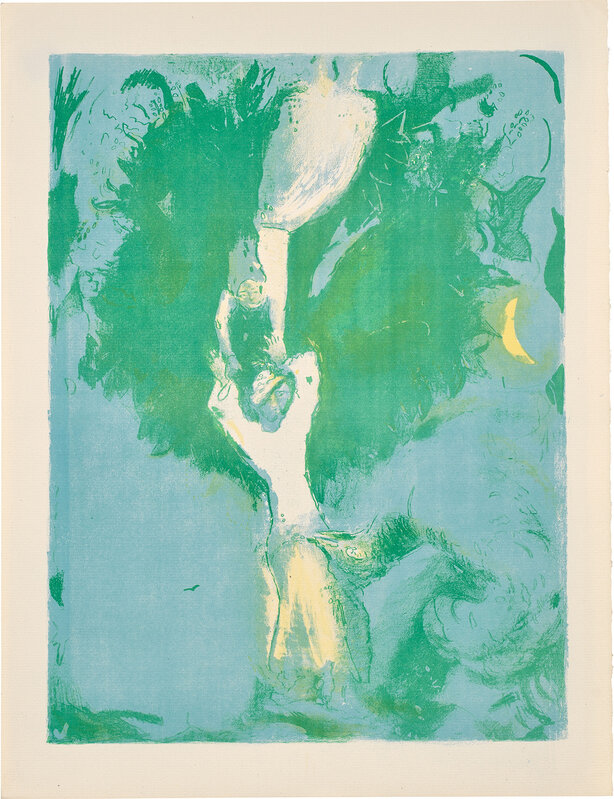 Marc Chagall, ‘So she came down from the tree and drawing near him strained him to her bosom...: plate 6, from Four Tales from the Arabian Nights: nine plates (M. 41, see C. bks 18)’, 1948, Nine lithographs, color progressive proofs, in colors, on Utopian laid paper, with full margins, all contained in the original wove paper folio with lithograph illustration, folded (as issued)., Phillips