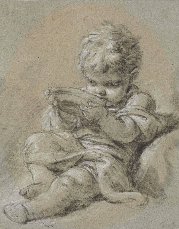 François Boucher, ‘A small child seated, drinking from a bowl’, Drawing, Collage or other Work on Paper, Black and white chalk on blue (faded) paper, Christie's Old Masters 