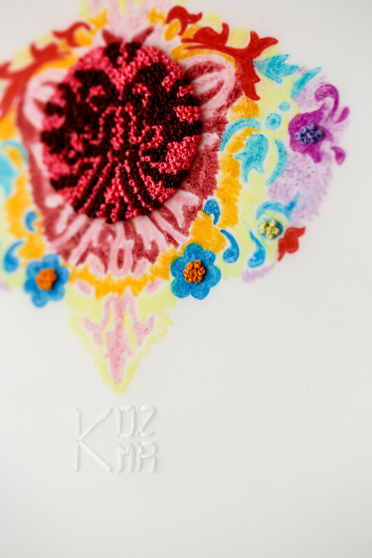 Kelly Kozma, ‘A Mask and Flowers and a Vulva and a Chandelier’, 2019, Drawing, Collage or other Work on Paper, Hand embroidery & colored pencil on yupo paper, Paradigm Gallery + Studio