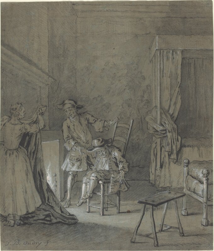 Jean-Baptiste Oudry, ‘Ragotin enivré par La Rancune’, 1726/1727, Drawing, Collage or other Work on Paper, Black and white chalk heightened with white and with touches of brush and black ink on blue laid paper, National Gallery of Art, Washington, D.C.