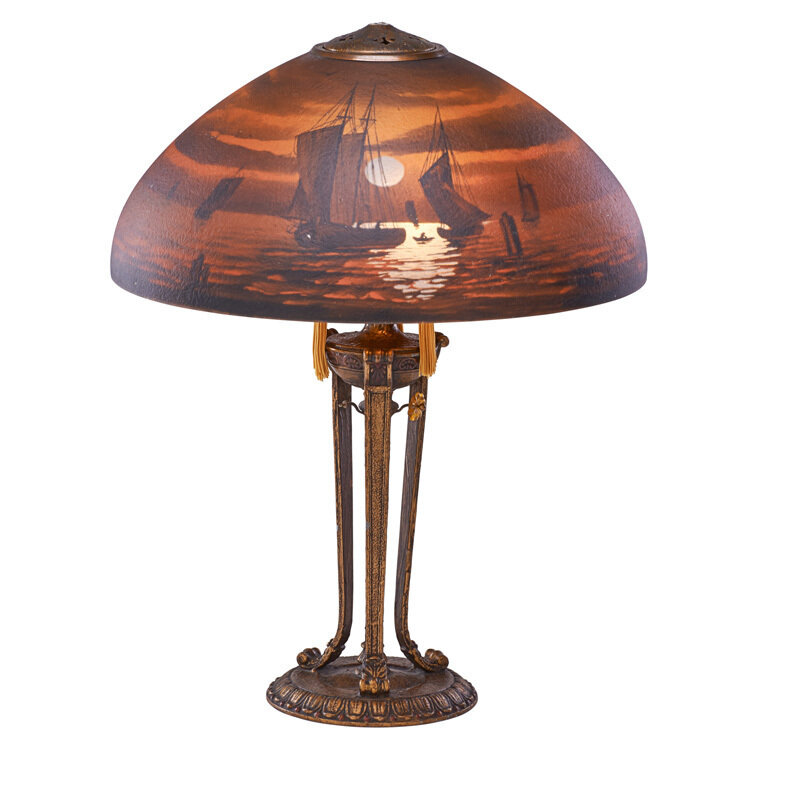 Handel, ‘Table lamp with sunset nautical scene, Meriden, CT’, ca. 1924, Design/Decorative Art, Patinated metal, glass, silk, reverse-painted acid-etched glass, three sockets, Rago/Wright/LAMA/Toomey & Co.