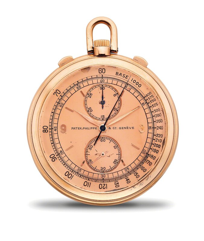 Patek Philippe, ‘A fine and very rare pink gold openface chronograph pocket watch with pink dial, 30-minute register and tachometer scale’, 1941, Fashion Design and Wearable Art, 18k pink gold, Phillips