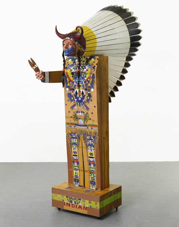 Marisol, ‘Indian’, 1969, Sculpture, Oil, colored glass, hair, fabric and mirror fragments on wood, Sotheby's