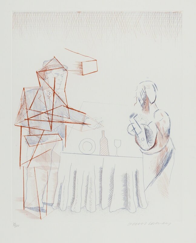 David Hockney, ‘Figures with Still Life (S.A.C 187)’, 1976-77, Print, Etching with aquatint printed in colours on wove paper, Forum Auctions