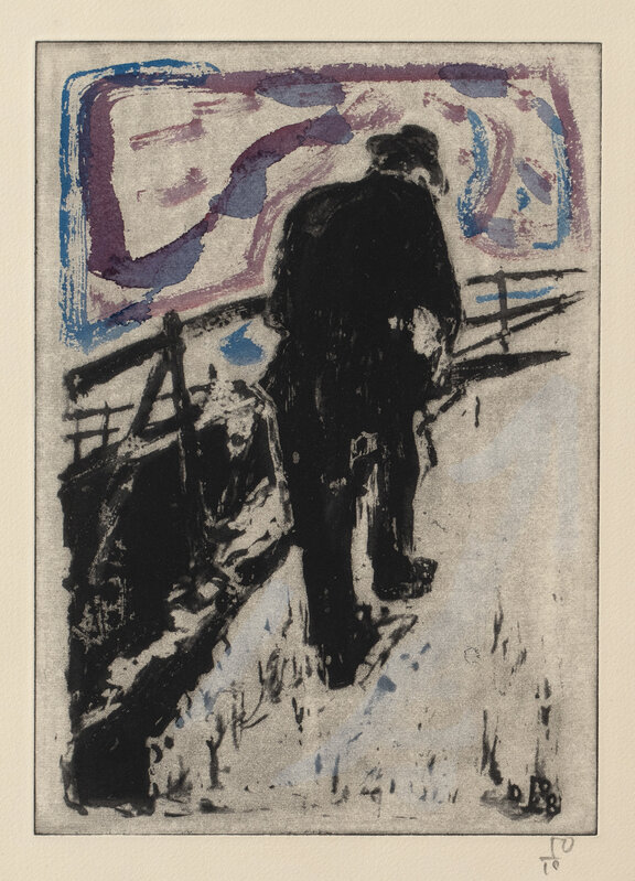 Billy Childish, ‘Man Walking Up a Snowy Slope’, 2010, Print, Etching with hand-coloring, on Somerset paper, with full margins, with accompanying linocut with letterpress poem with artist's stamp., Phillips