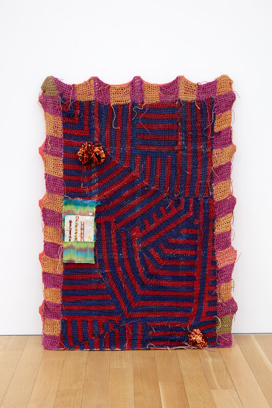 Josh Faught, ‘Sachet’, 2018, Mixed Media, Hand-dyed crocheted hemp, hand-dyed hand-woven cotton and gold lamé, spray paint, rayon/lycra blend, sequins, handmade paper from pulped tax board representative correspondences with pot pourri collage and pin on wood, Peter Blum Gallery