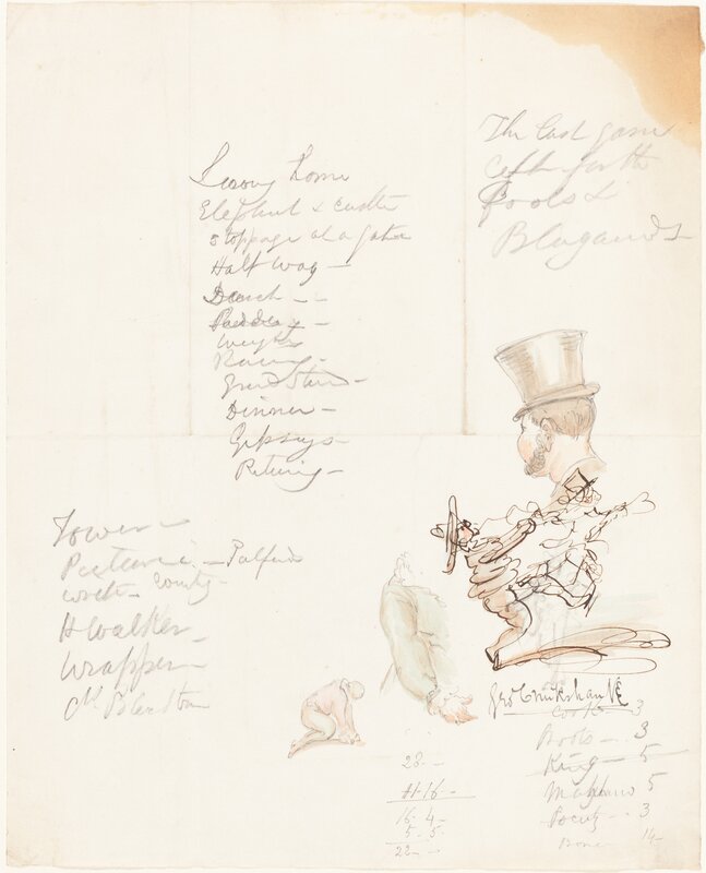 George Cruikshank, ‘Sketches of Head, Arm, and Kneeling Figure’, Drawing, Collage or other Work on Paper, Graphite, pen and black ink, with pink, brown,  and green wash, National Gallery of Art, Washington, D.C.