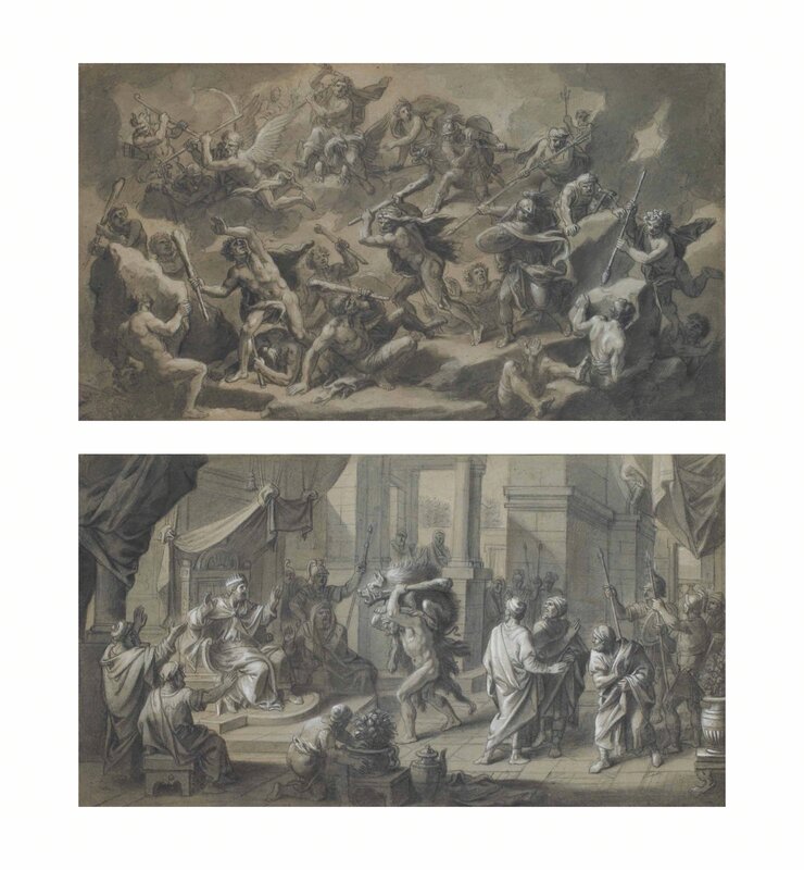 François Verdier, ‘Hercules presenting the Erymanthian Boar to Eurystheus; and The Battle of the Giants’, Drawing, Collage or other Work on Paper, Black and white chalk, grey wash, stumping, on light brown paper, originally blue, Christie's Old Masters 
