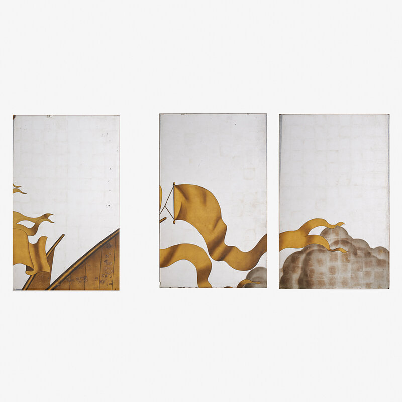 Jean Dupas, ‘Three verre églomisé panels, two contiguous, from the Rape of Europa Mural, Grand Salon, SS. Normandie, France’, ca. 1934, Design/Decorative Art, Plate glass, paint, gold, silver, and palladium leaf, one framed, Rago/Wright/LAMA/Toomey & Co.