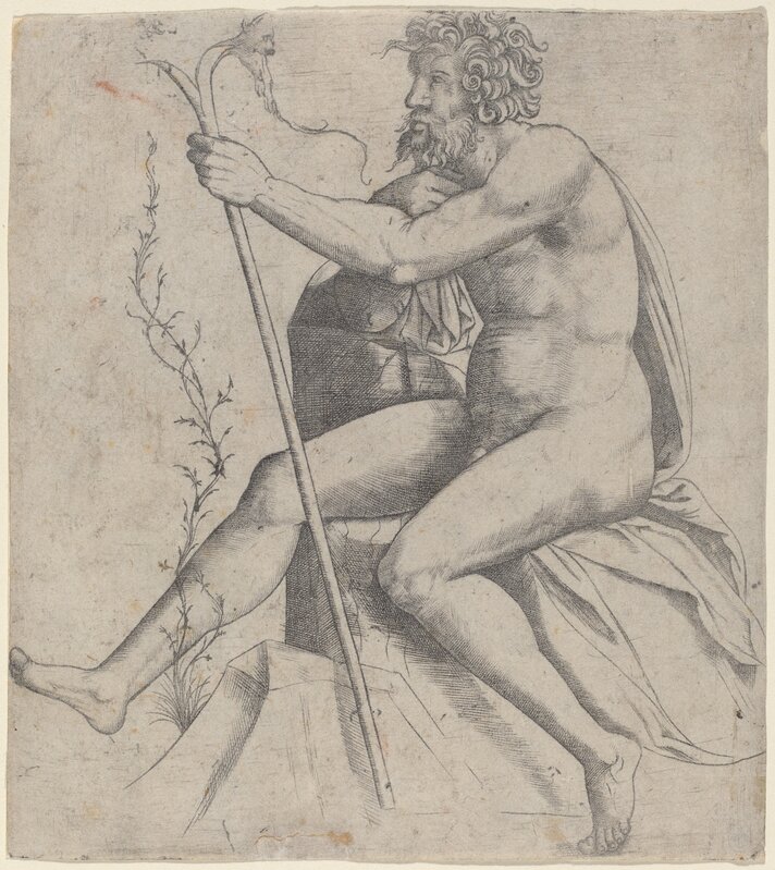 Giovanni Antonio da Brescia, ‘Man Seated Holding a Forked Staff’, ca. 1514/1515, Print, Engraving, National Gallery of Art, Washington, D.C.