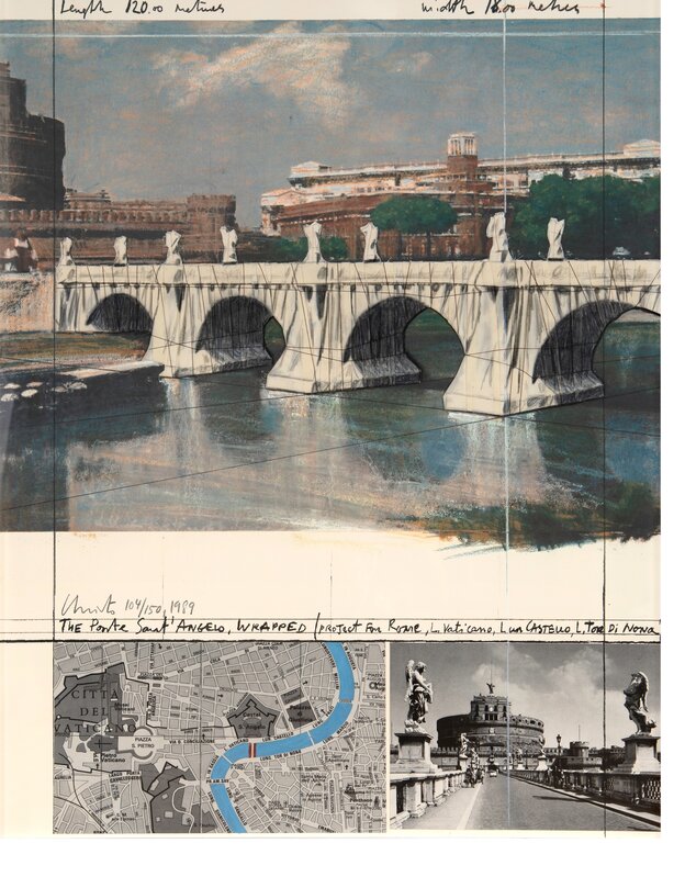 Christo and Jeanne-Claude, ‘The Ponte Sant'Angelo, Wrapped, Project for Rome’, 1989, Mixed Media, Lithograph with collage of broadcloth, thread, offset print, and city map, with additions of charcoal and prismacolor, Galerie F. Hessler