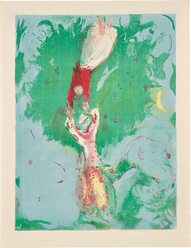 Marc Chagall, ‘So she came down from the tree and drawing near him strained him to her bosom...: plate 6, from Four Tales from the Arabian Nights: nine plates (M. 41, see C. bks 18)’, 1948, Nine lithographs, color progressive proofs, in colors, on Utopian laid paper, with full margins, all contained in the original wove paper folio with lithograph illustration, folded (as issued)., Phillips